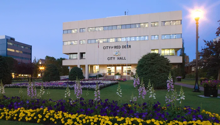 Red Deer City Hall, viewed from City Hall Park. This is a service-building photograph, not a picture of the interior payment counter.